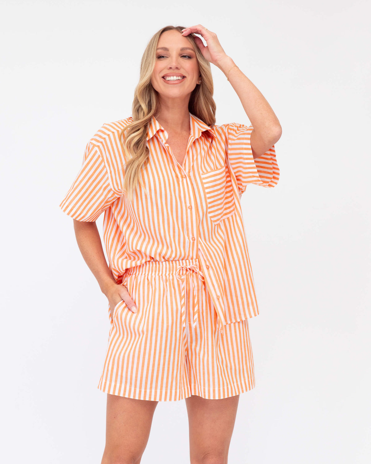 STRIPED LOUNGE SHIRT AND SHORT CO-ORD SET