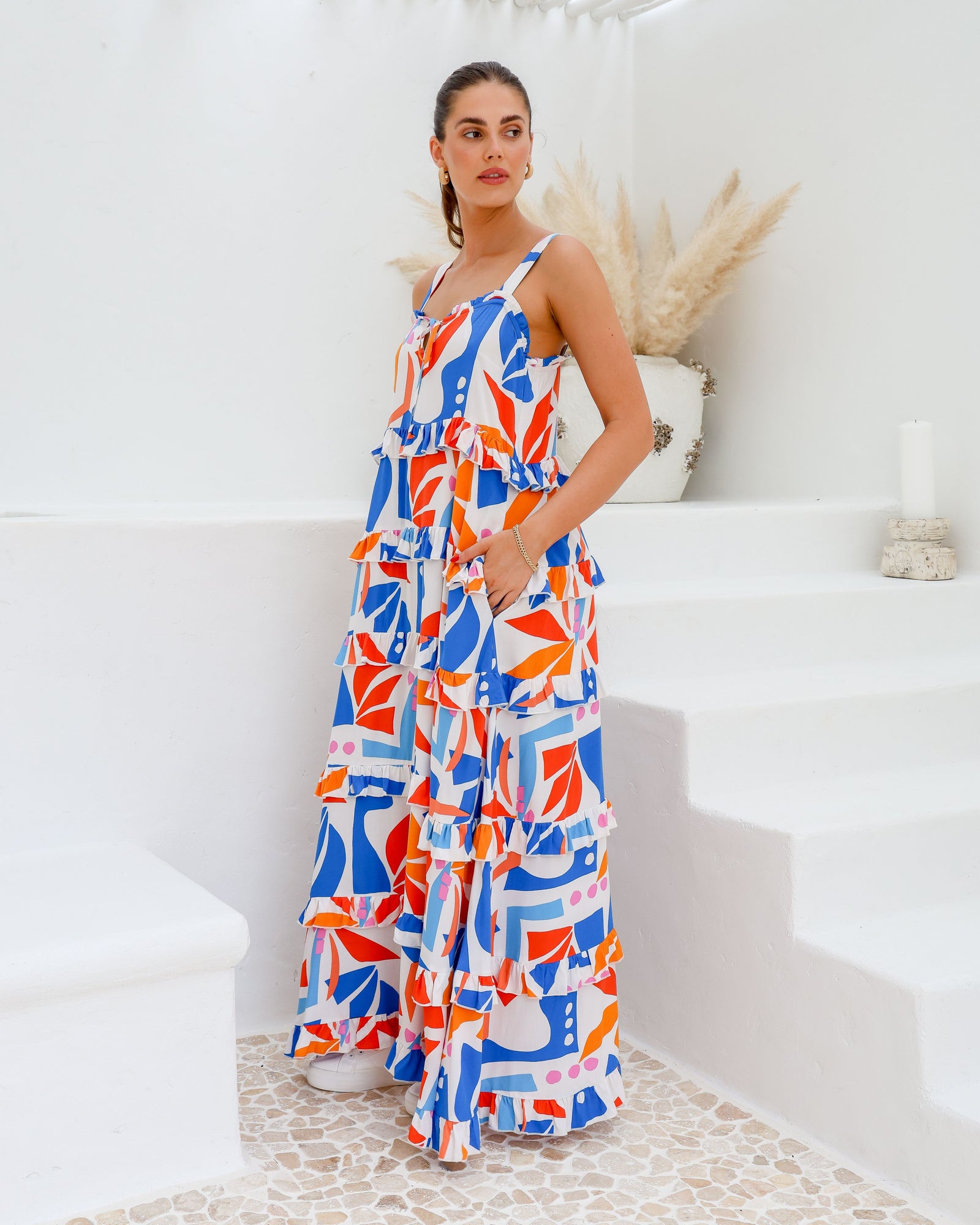 Tropical print crossover split maxi clearance dress