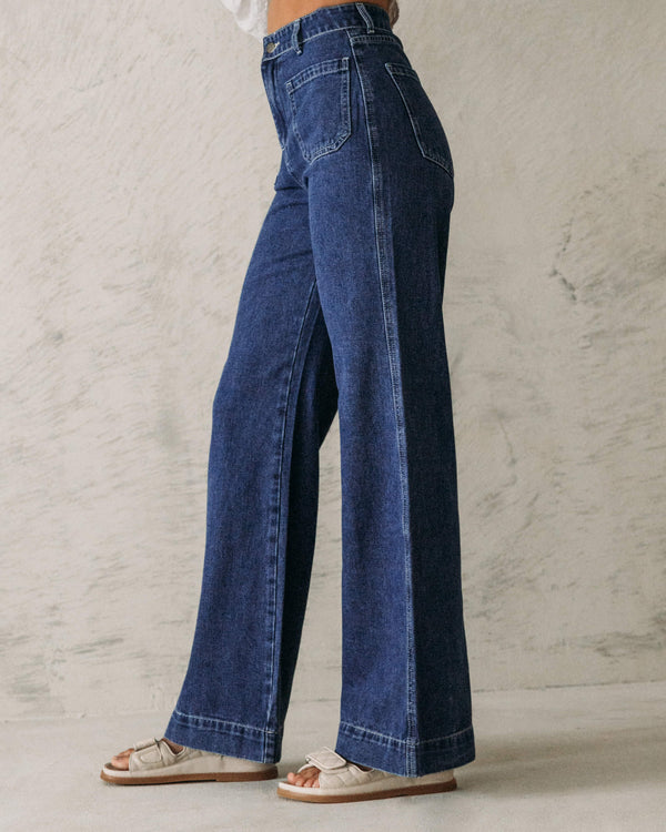 DARK INDIGO WIDE LEG JEANS WITH POCKETS - Global Fashion House