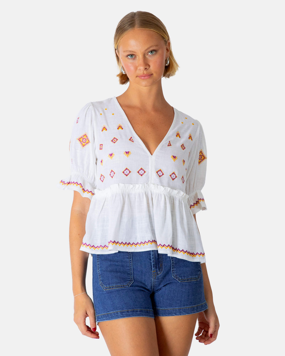 WHITE V NECK EMBROIDERY BABYDOLL TOP