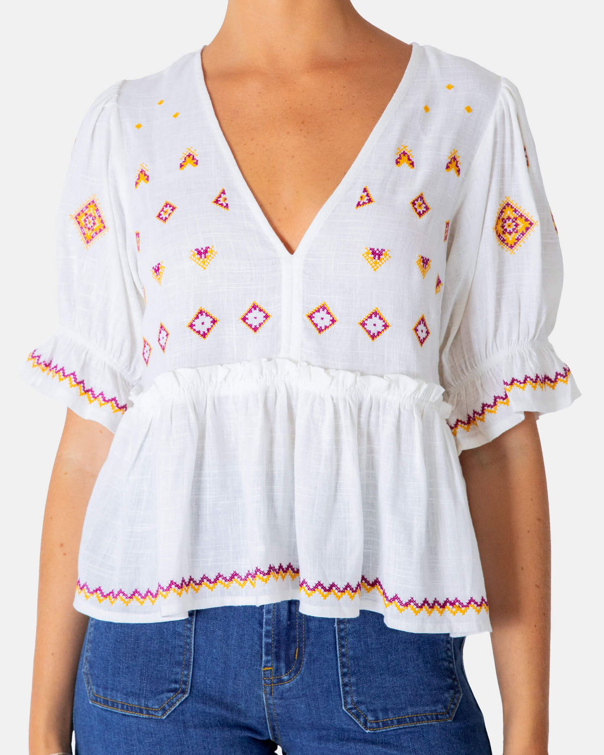 WHITE V NECK EMBROIDERY BABYDOLL TOP