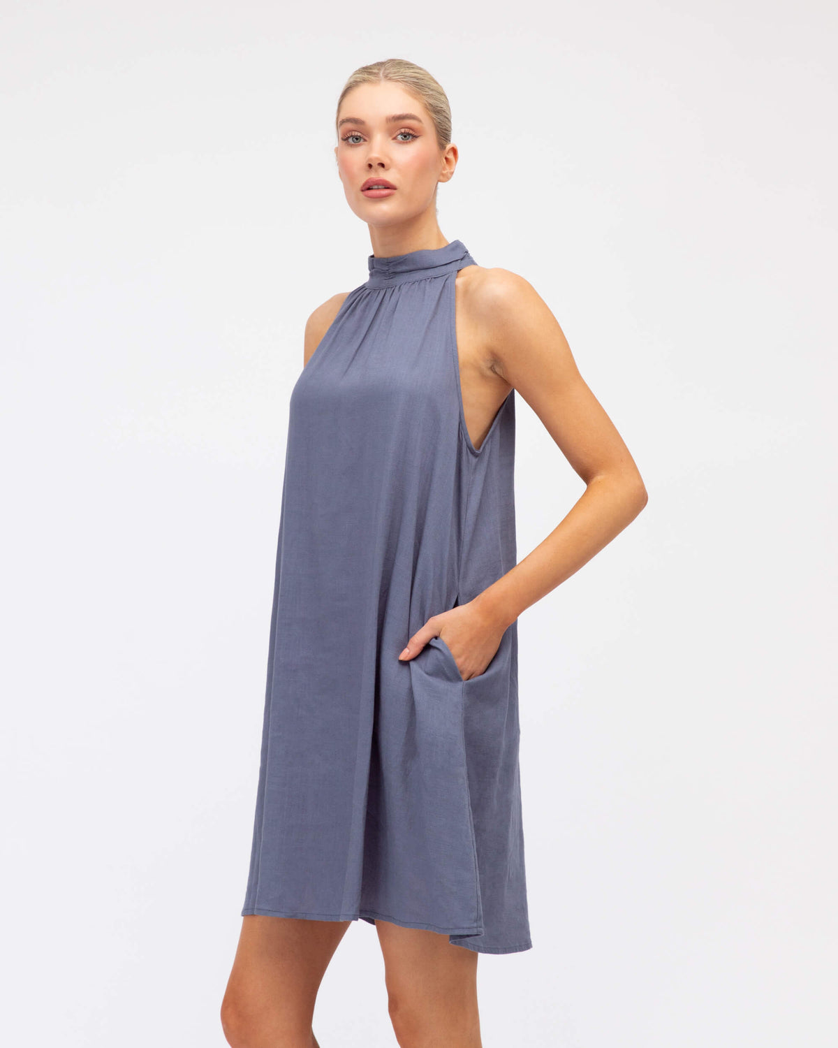 BLUE HALTER NECK FLOWY MINI DRESS - Global Fashion House BLUE HALTER NECK FLOWY MINI DRESS - Global Fashion House