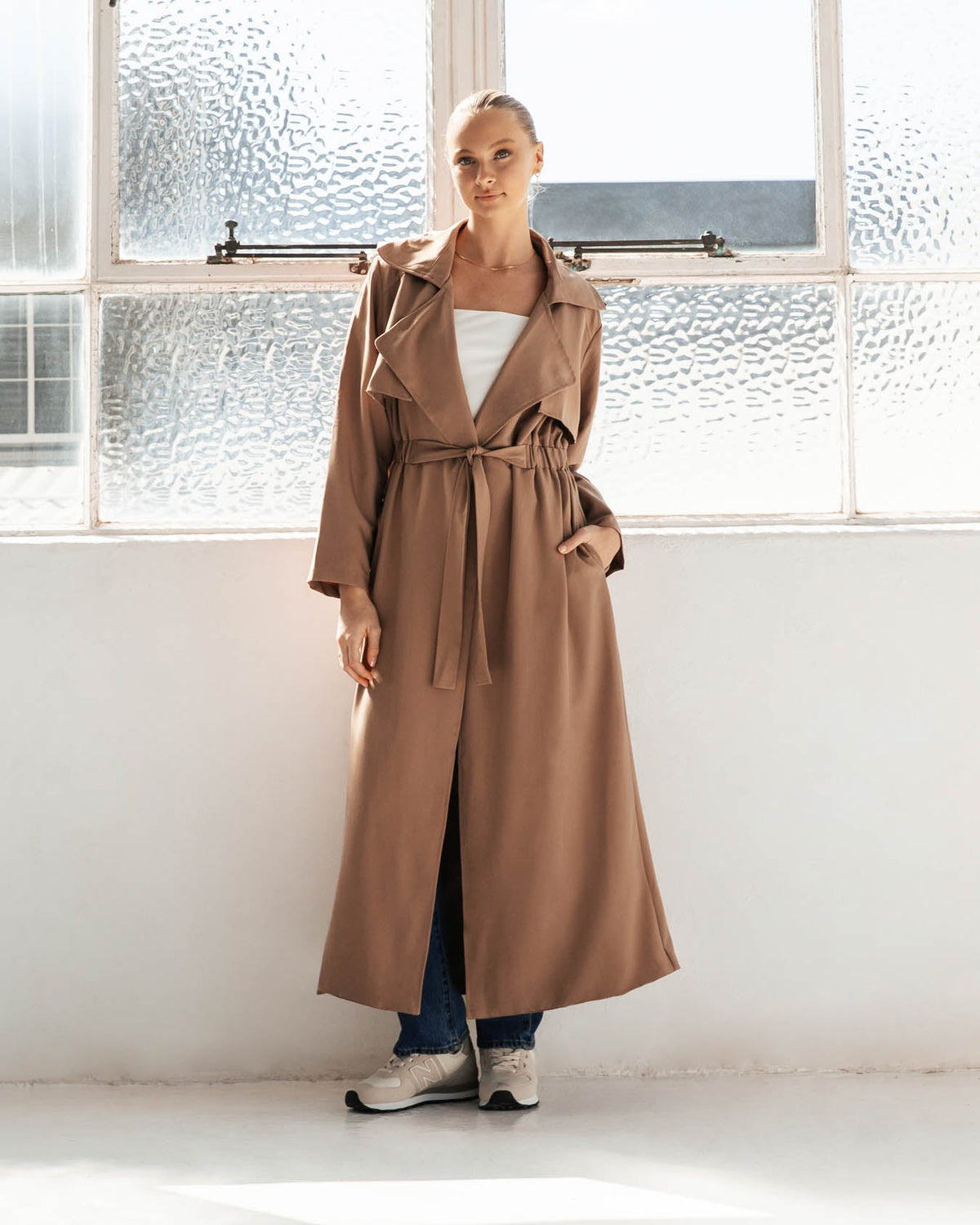 TAUPE LONGLINE TRENCH COAT