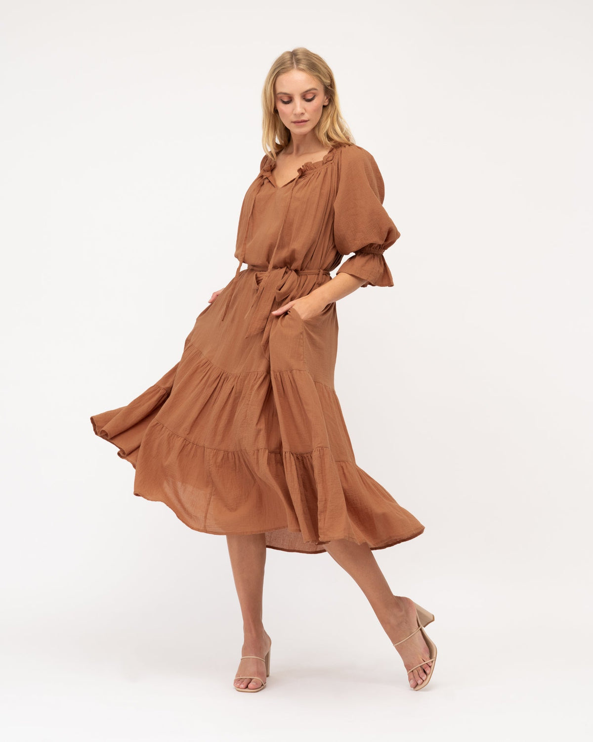 BROWN TIERED LONG SLEEVE MAXI DRESS
