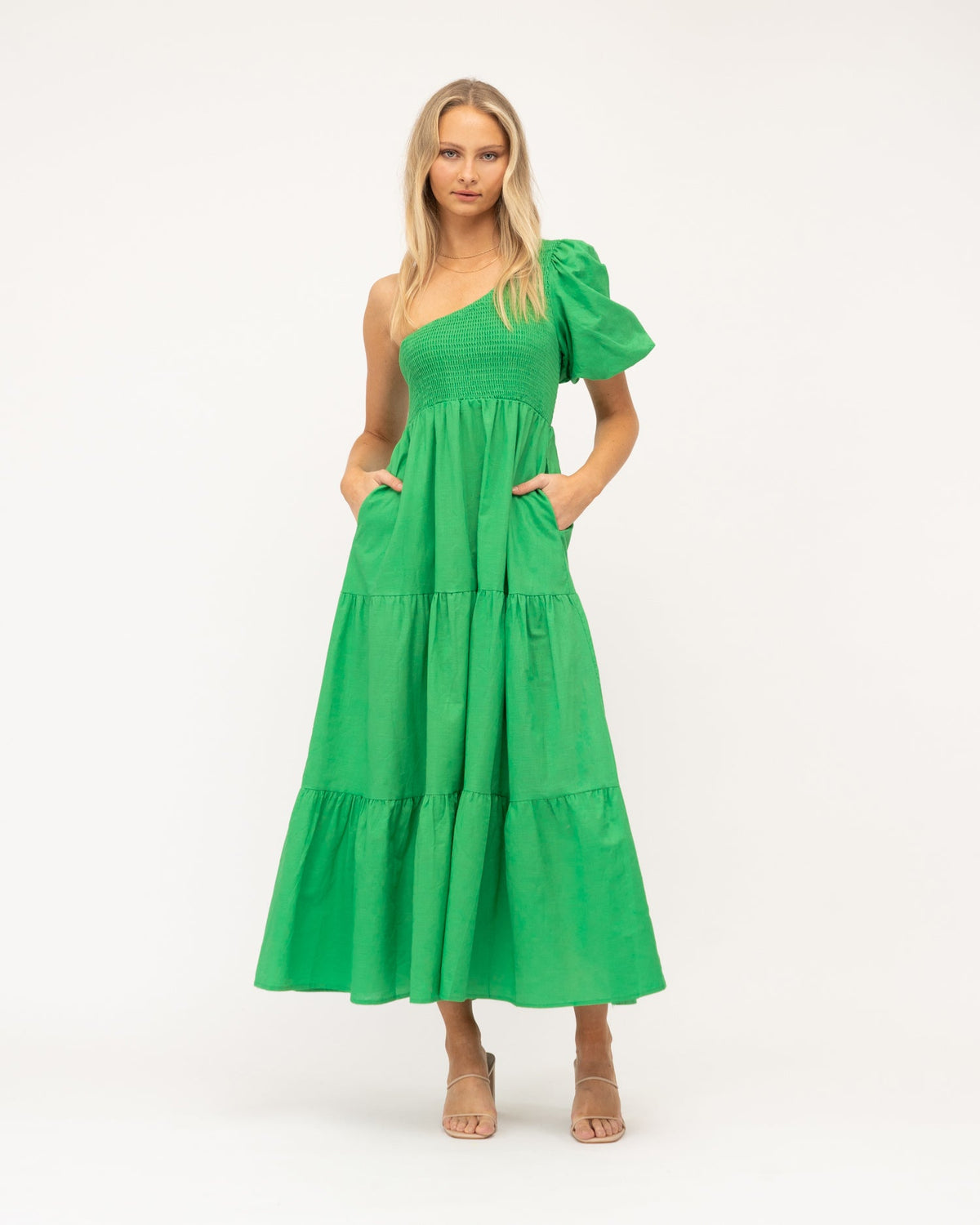 GREEN ASYMMETRICAL BALLOON SLEEVE MAXI DRESS